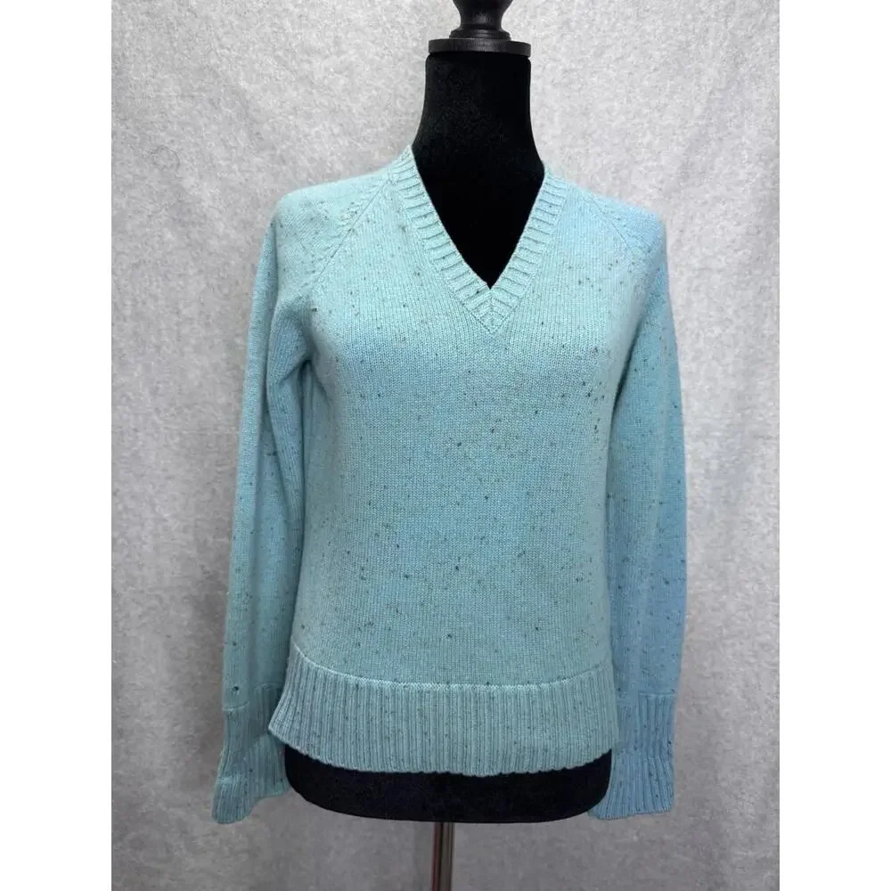 Kinross 100% Cashmere Speckled Teal V-neck woman's Sweater Medium Cottagecore